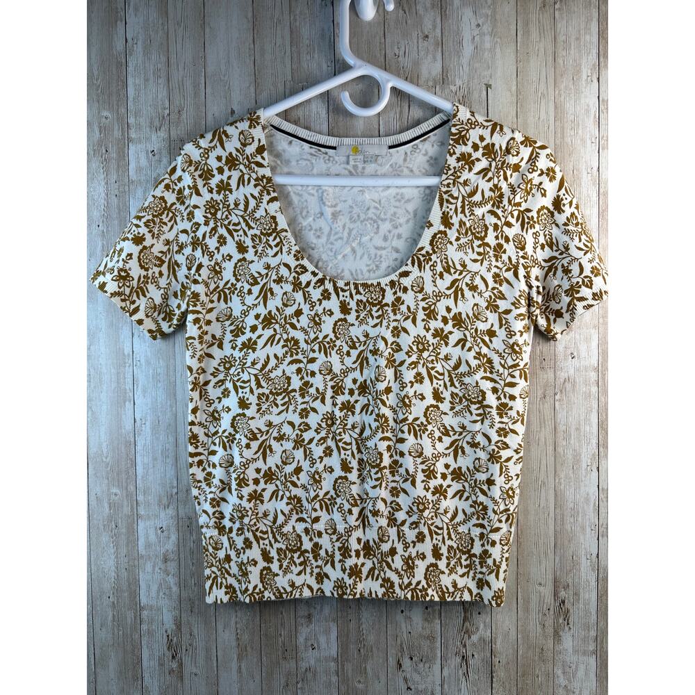 Boden Blouse Womens 6 Cream‎ Brown Floral Knitted Slim Scoop Cropped Cottagecore